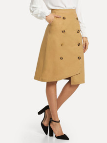 Solid Button Front Asymmetrical Hem Skirt