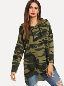 Asymmetrical Hem Hooded Camo Sweatshirt
