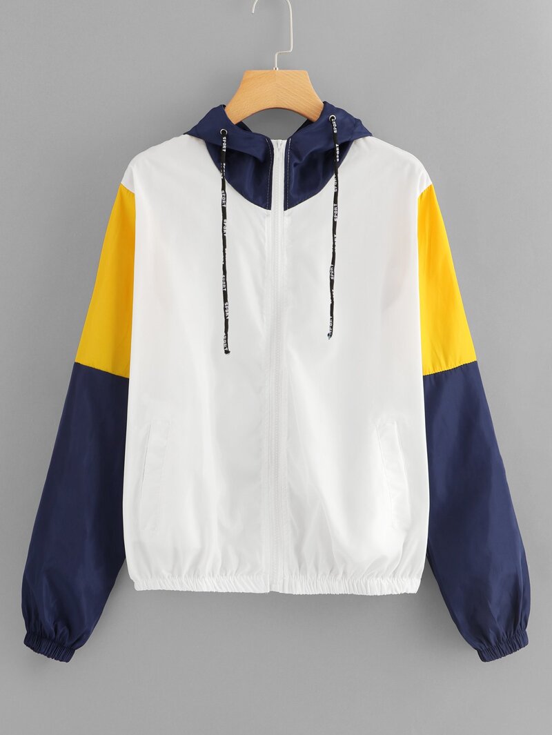 

Color Block Drawstring Zip Up Jacket, White