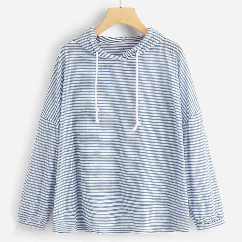 

Drop Shoulder Striped Hoodie, Blue