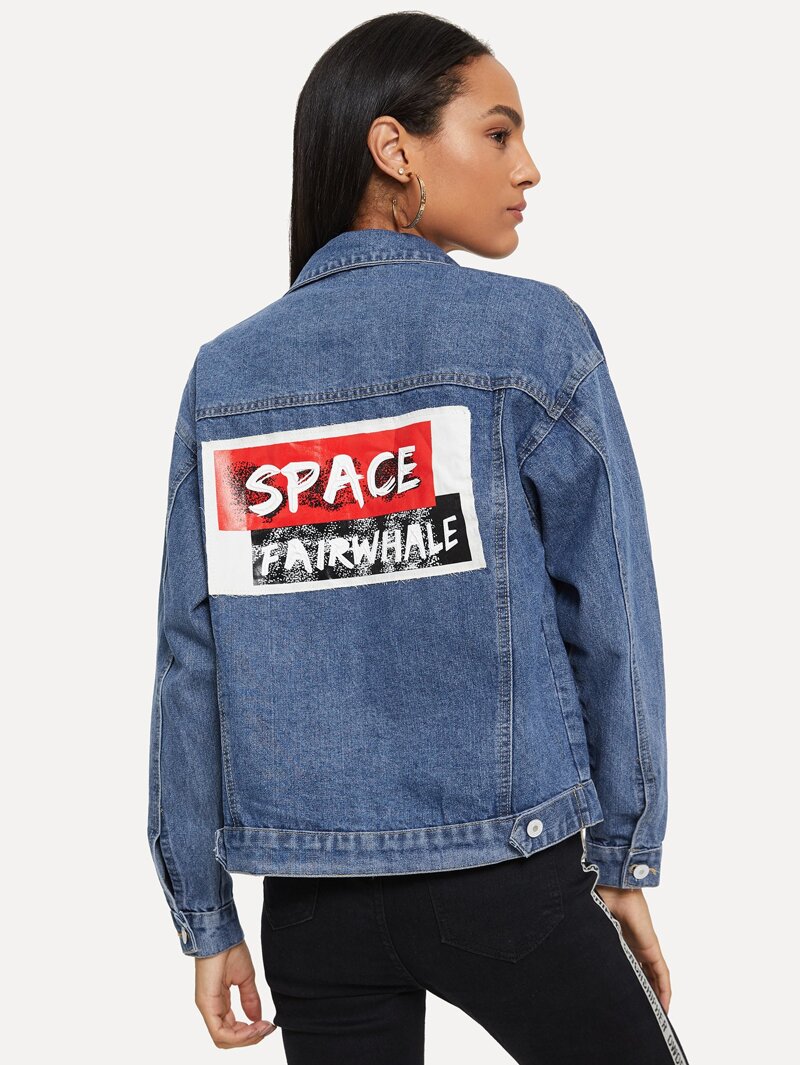 

Letter Print Denim Jacket, Blue