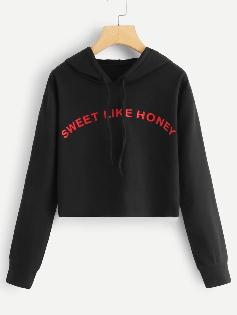 

Letter Print Hooded Sweatshirt, Black