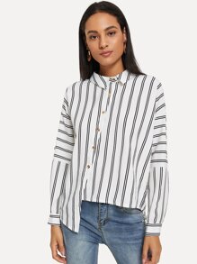 Drop Shoulder Asymmetrical Hem Stripe Shirt