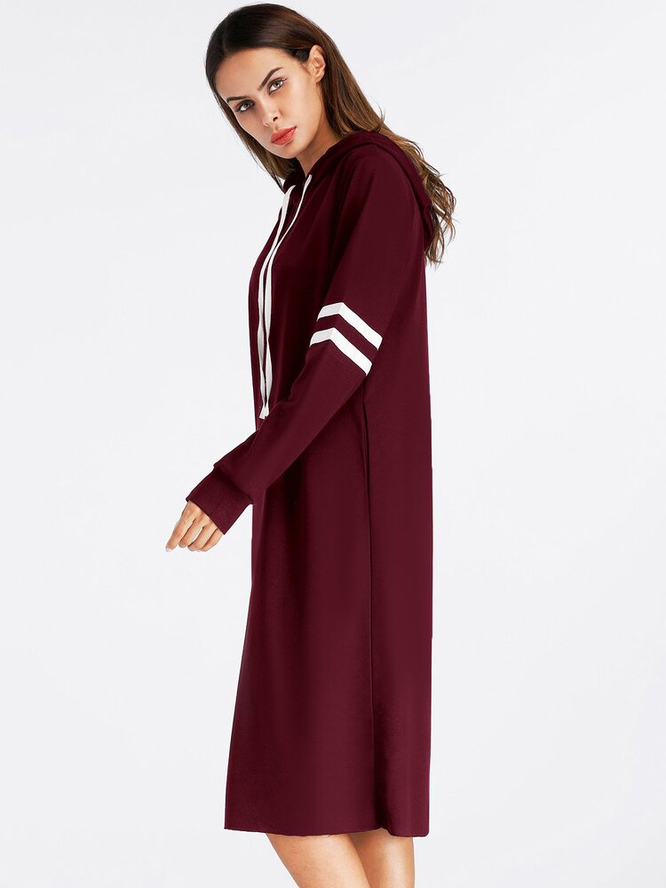 Varsity Striped Hooded Sweatshirt Dress - Burgundy - View 6