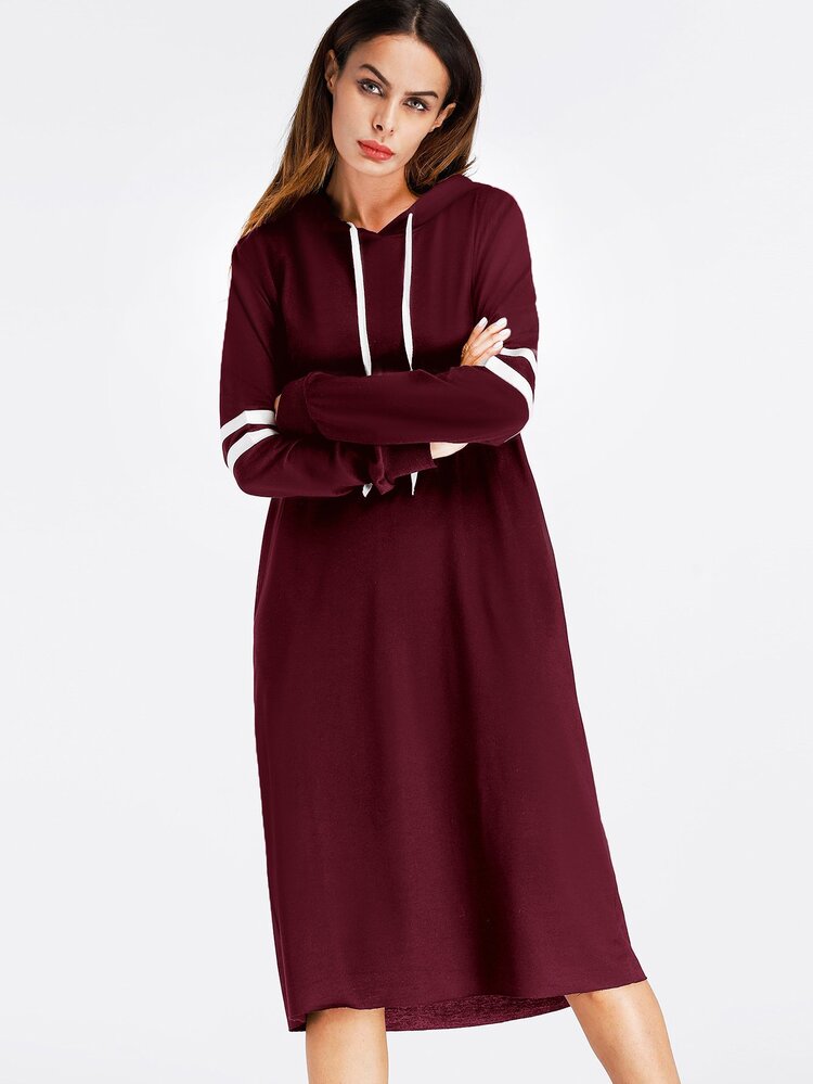 Varsity Striped Hooded Sweatshirt Dress - Burgundy - View 3