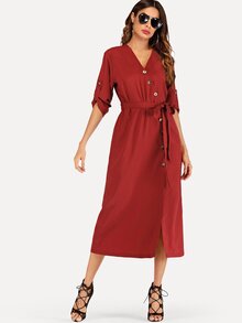 Tie Waist Roll-Up Sleeve Shirt Dress