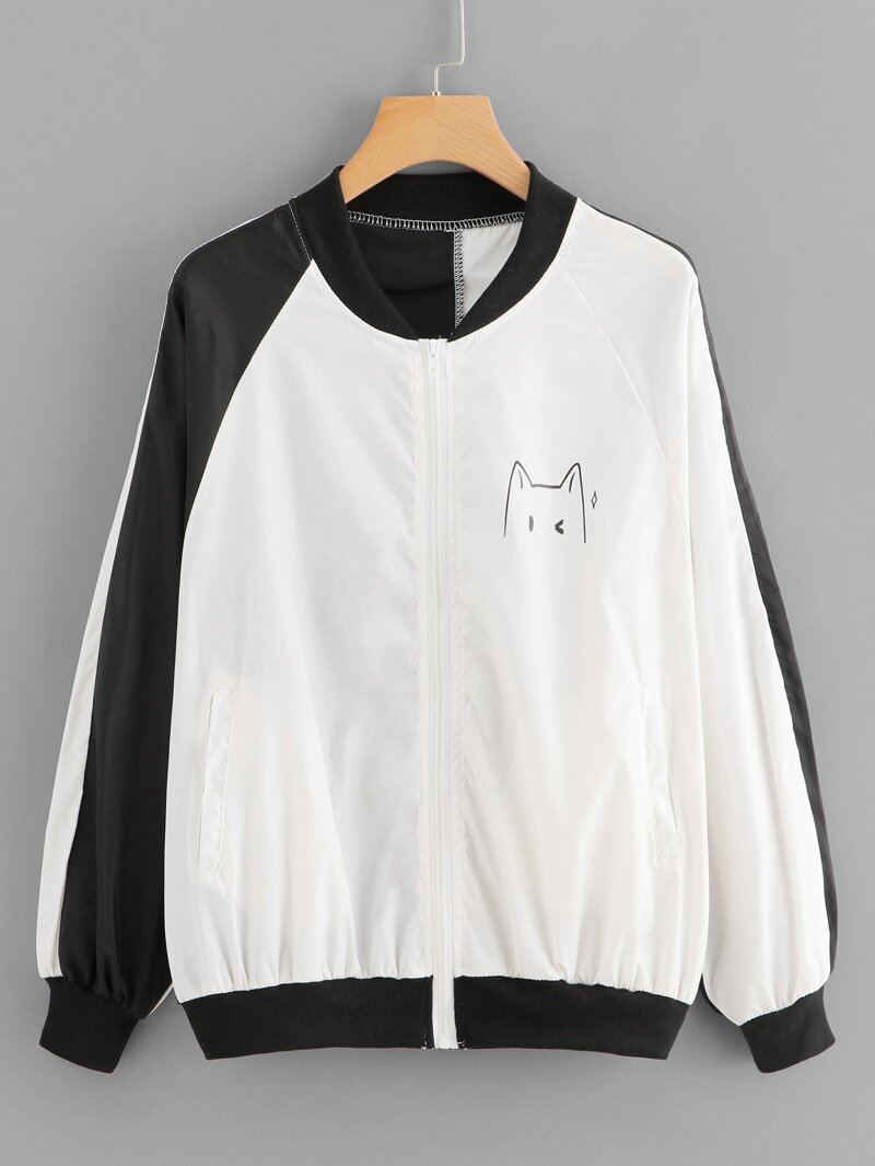 

Cartoon Print Color Block Jacket, Black and white