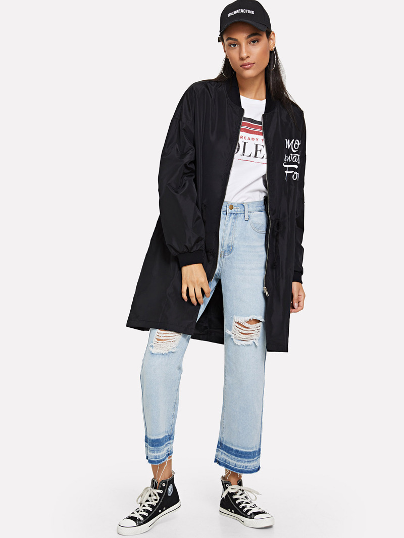 

Letter Print Drawstring Coat, Black