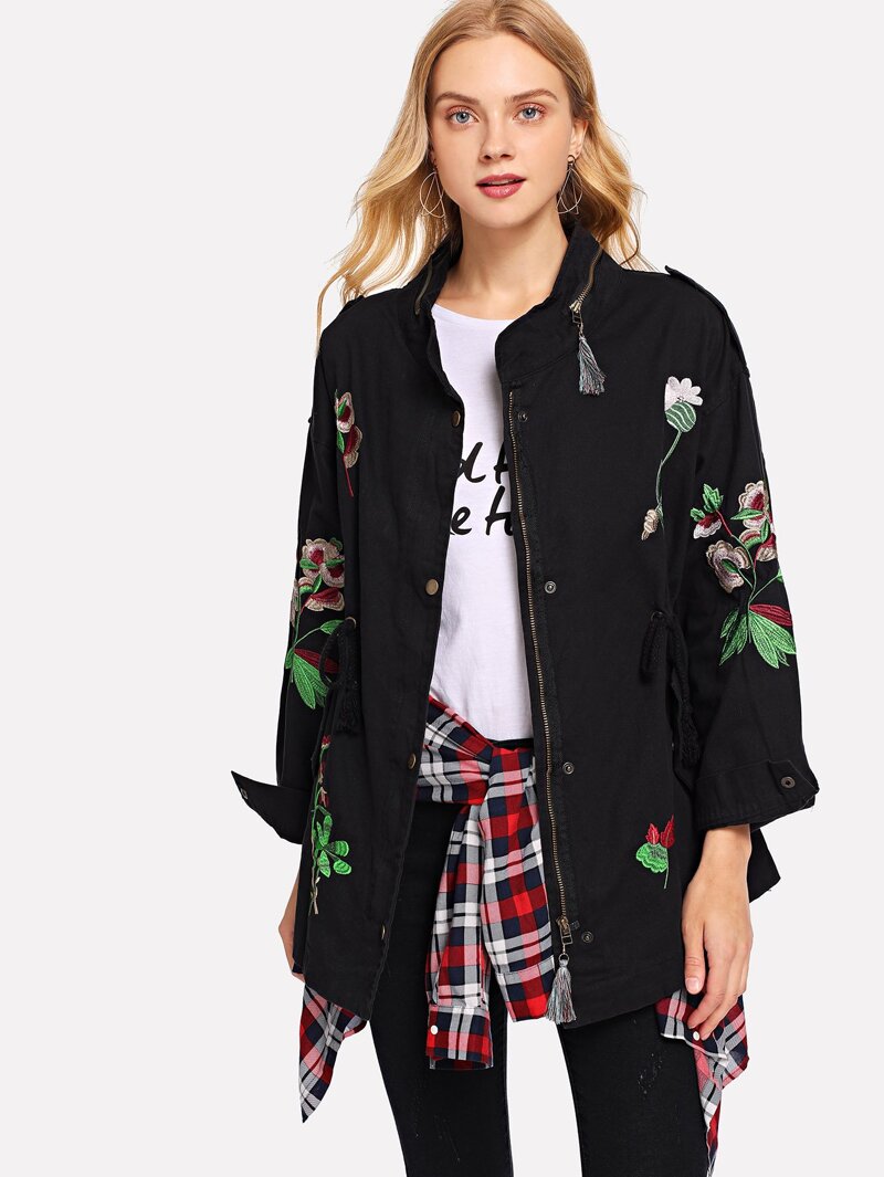 

Floral Embroidered Drawstring Coat, Black, Nedab