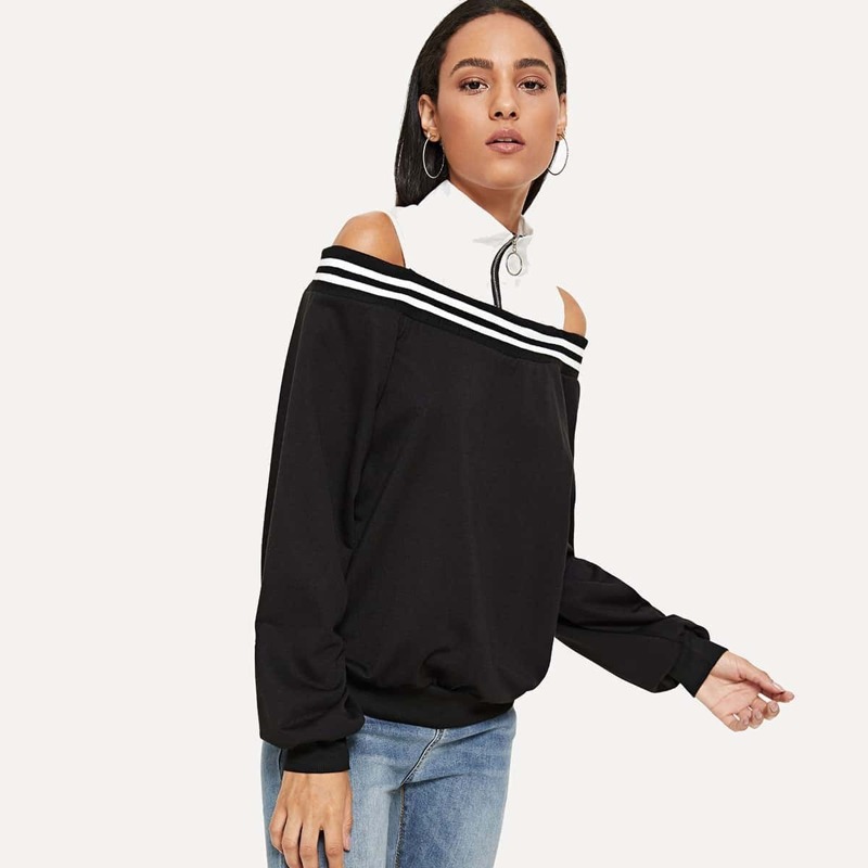 

Cold Shoulder Zip Front Sweatshirt, Black and white