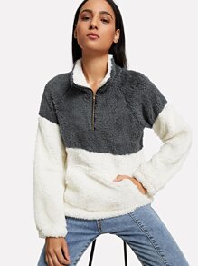 Kangaroo Pocket Drop Shoulder Color Block Sweatshirt