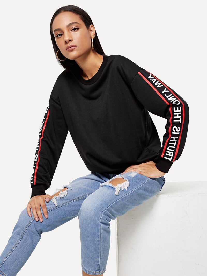 

Letter Print Sleeve Sweatshirt, Black, Kary
