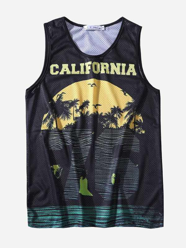 

Men Tropical And Letter Print Vest, Multicolor