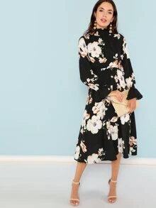 SHEIN Mock Neck Flounce Sleeve Floral Midi Dress