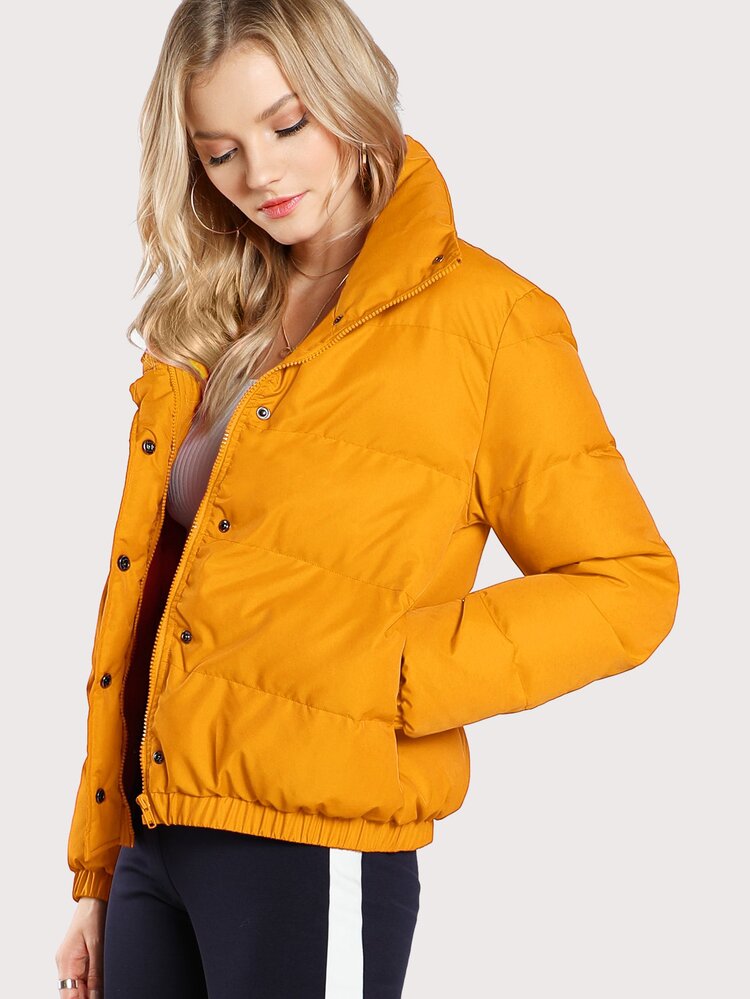 SHEIN Stand Collar Padded Coat For Winter Wear - Mustard Yellow - View 3