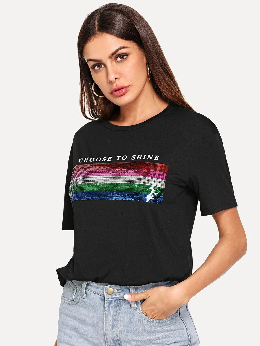 SHEIN تي شيرت مع تباين طباعة متباين