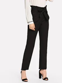 SHEIN Pantalones lisos con lazo en la cintura - Negro - Ver 3