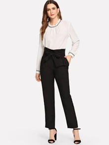 SHEIN Pantalones lisos con lazo en la cintura - Negro - Ver 4