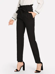 SHEIN Pantalones lisos con lazo en la cintura - Negro - Ver 1