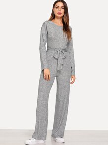 Self Belted Ribbed Jumpsuit
