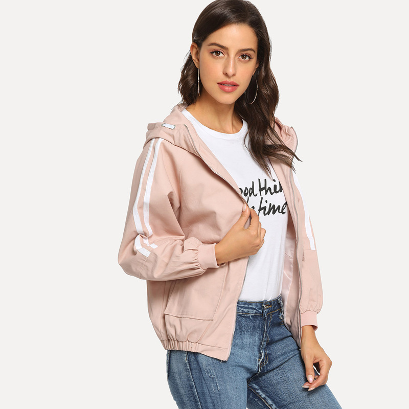 

Contrast Stripe Zip Up Hooded Jacket, Pink