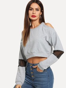 Open Shoulder Contrast Net Crop Sweatshirt