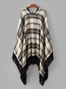 Tartan Plaid Fringe Hem Poncho Sweater