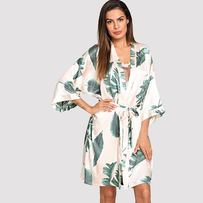 

Tropical Print Self Tie Robe, Multicolor