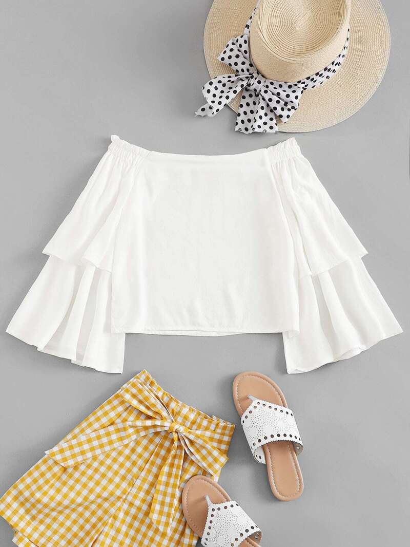 

Off Shoulder Fluted Sleeve Blouse, White