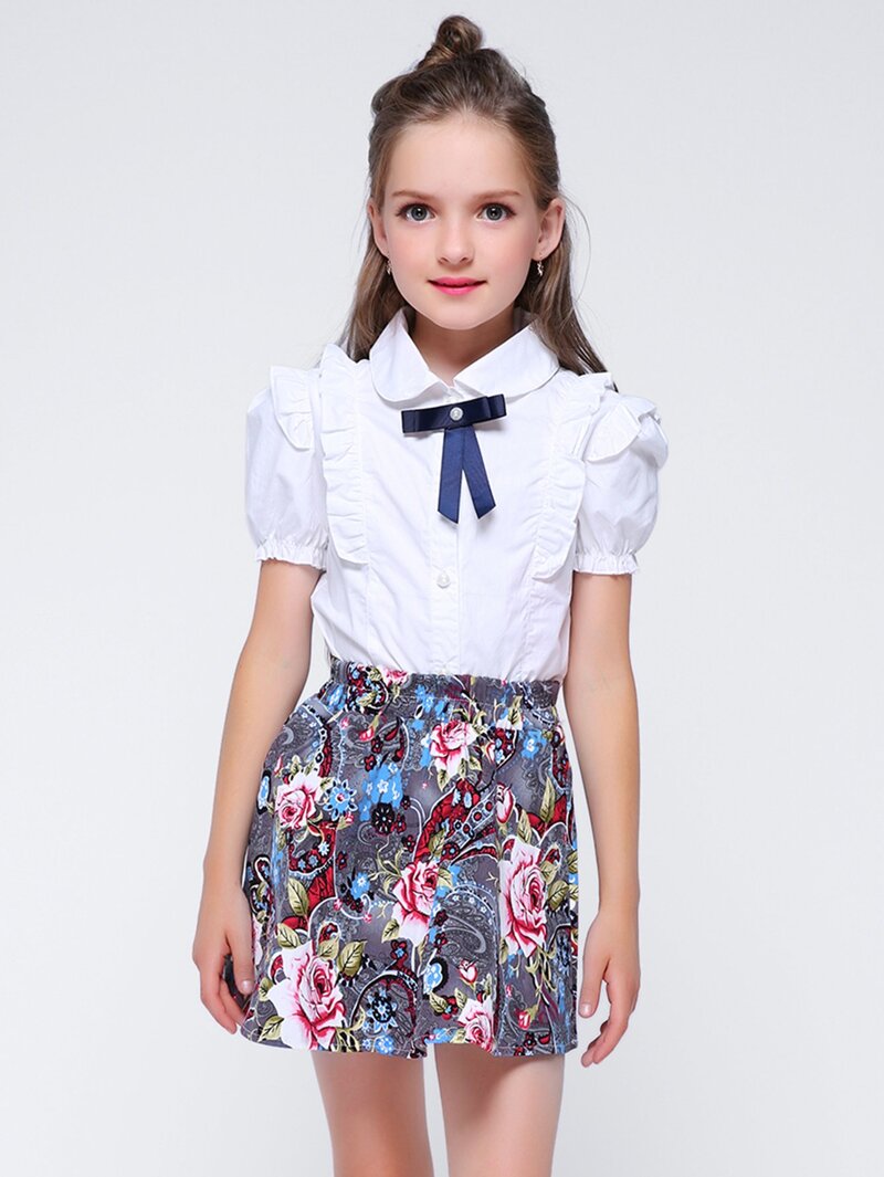 

Girls Tie Neck Frill Blouse, White