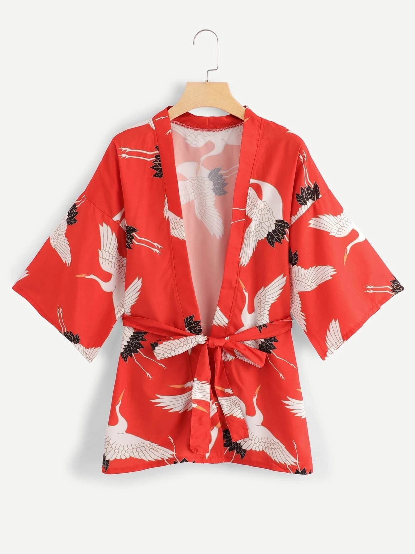 Kimono imprimé grue à couronne rouge | ROMWE Romwe Manteau Parka Femme Rouge Large: