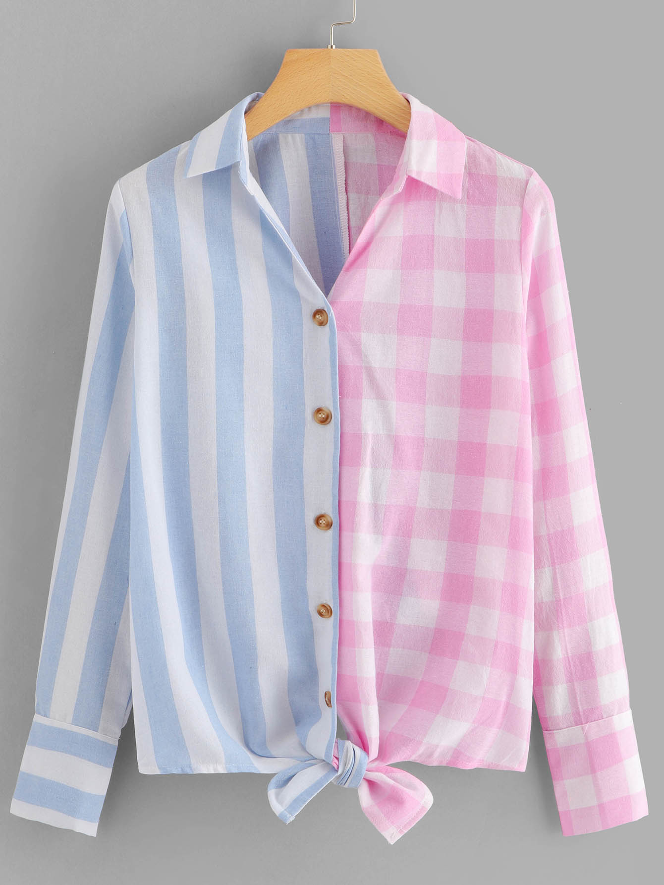 

Single Breasted Knot Hem Striped Plaid Blouse, Multicolor
