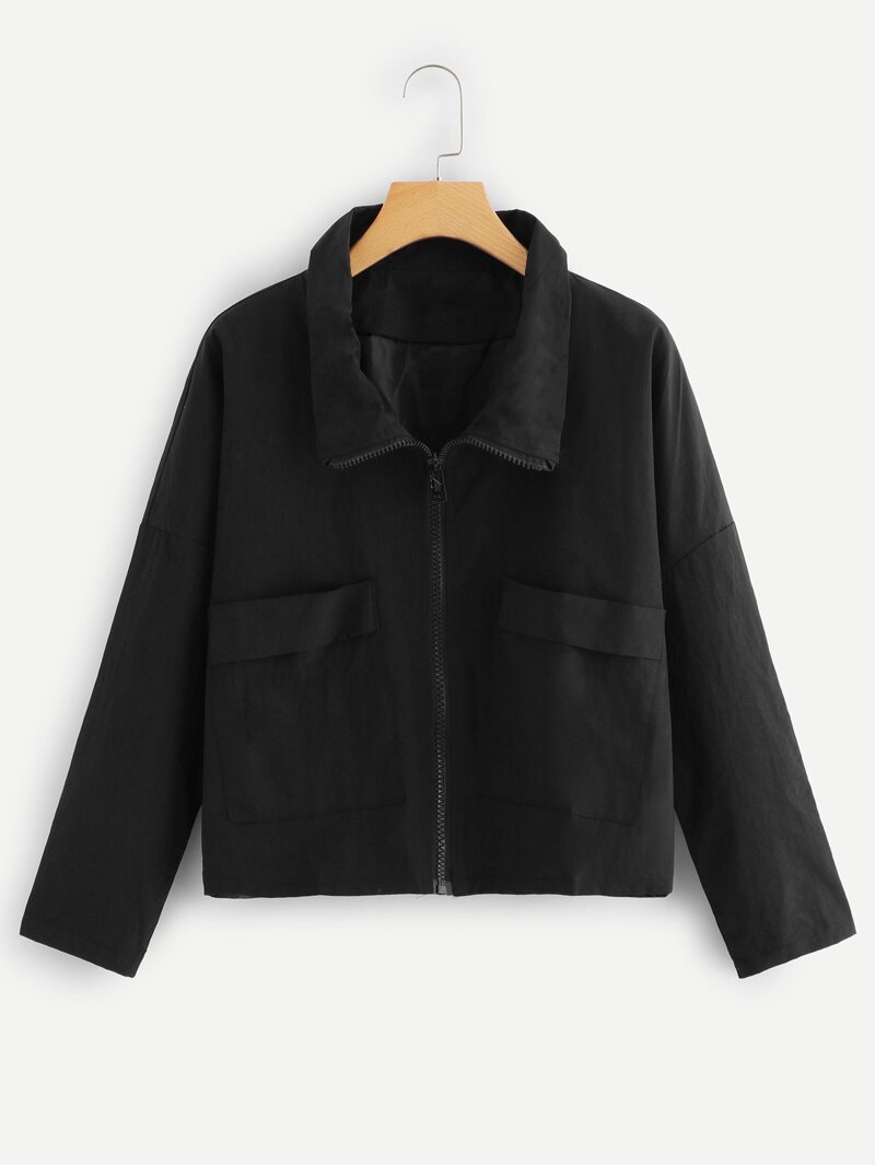 

Zip Front Pocket Detail Solid Jacket, Black