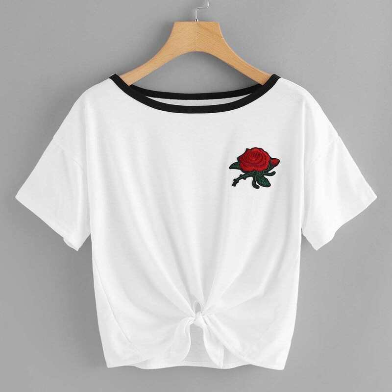 

Rose Embroidered Patch Tee, White