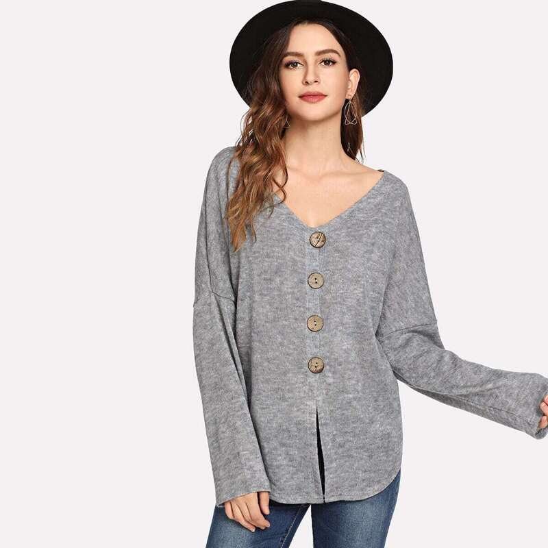 

Single Breasted Dip Hem Sweater, Grey