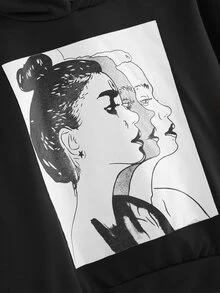 Figure Graphic Drawstring Hooded Sweatshirt - Black - View 3