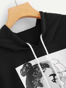 Figure Graphic Drawstring Hooded Sweatshirt - Black - View 5