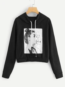 Figure Graphic Drawstring Hooded Sweatshirt - Black - View 1
