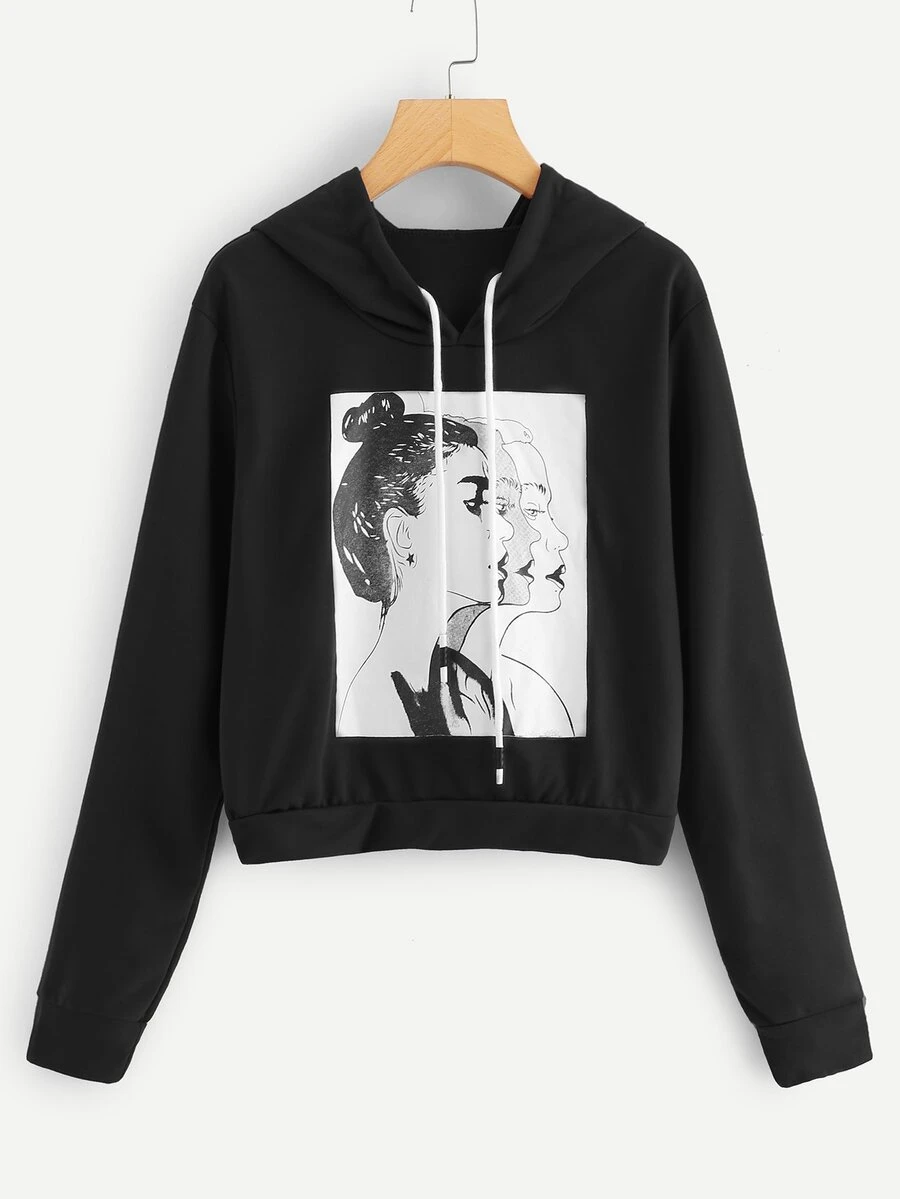 Figure Graphic Drawstring Hooded Sweatshirt - Black - View 1