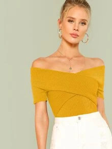 SHEIN Privé 交叉設計抹胸羅紋上衣 - 芥末黃 - 查看 1