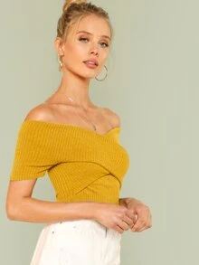 SHEIN Privé 交叉設計抹胸羅紋上衣 - 芥末黃 - 查看 3