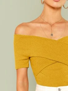SHEIN Privé 交叉設計抹胸羅紋上衣 - 芥末黃 - 查看 4