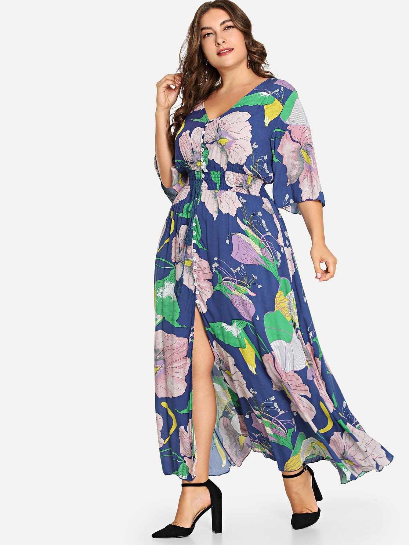 plus button front elastic waist floral dress -shein(sheinside)