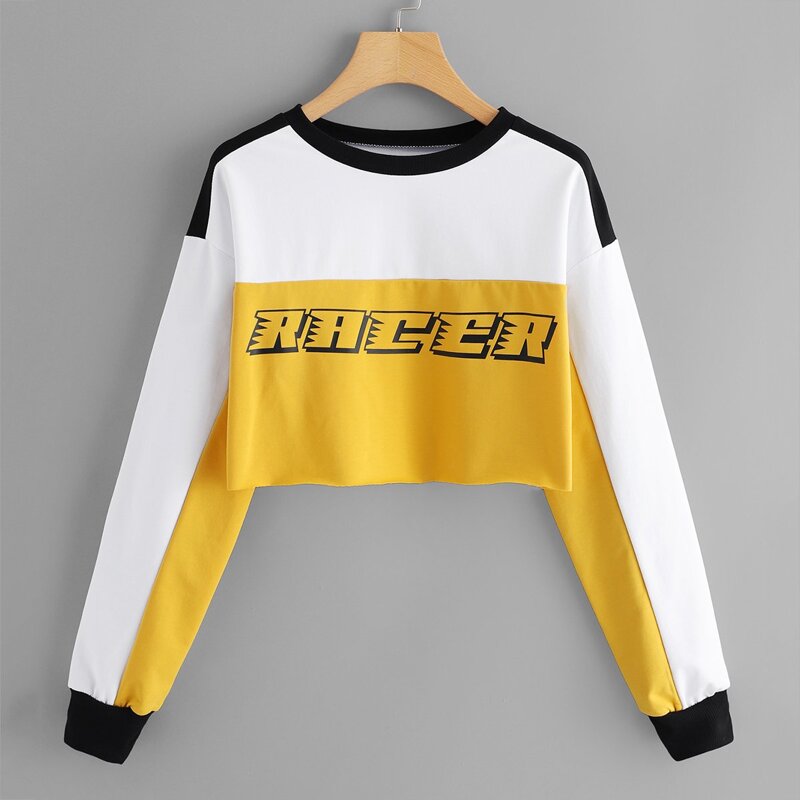 

Letter Print Color Block Crop Sweatshirt, Multicolor