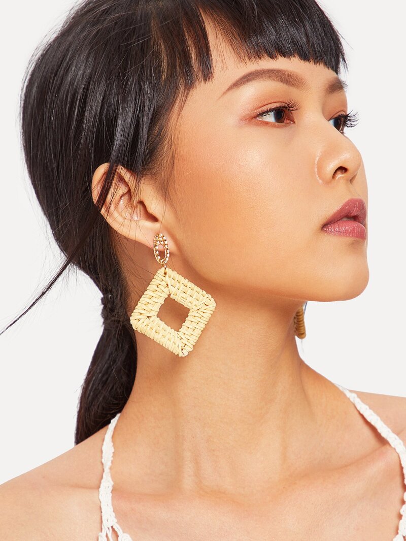 

Open Square Straw Drop Earrings, Khaki