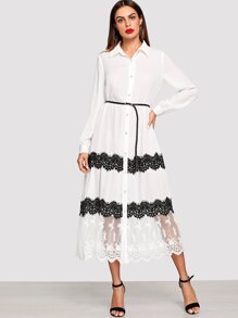 Eyelash Lace Trim Embroidered Mesh Hem Shirt Dress