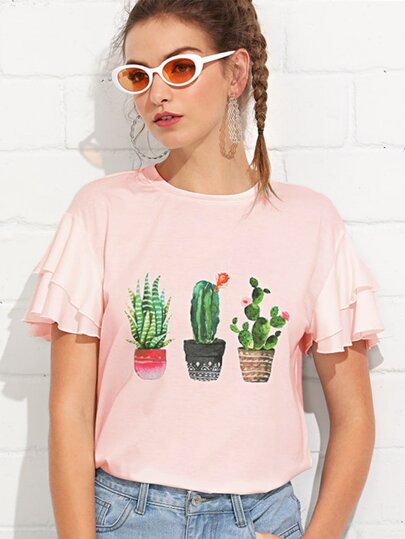 Layered Butterfly Sleeve Cactus Print Tee pictures