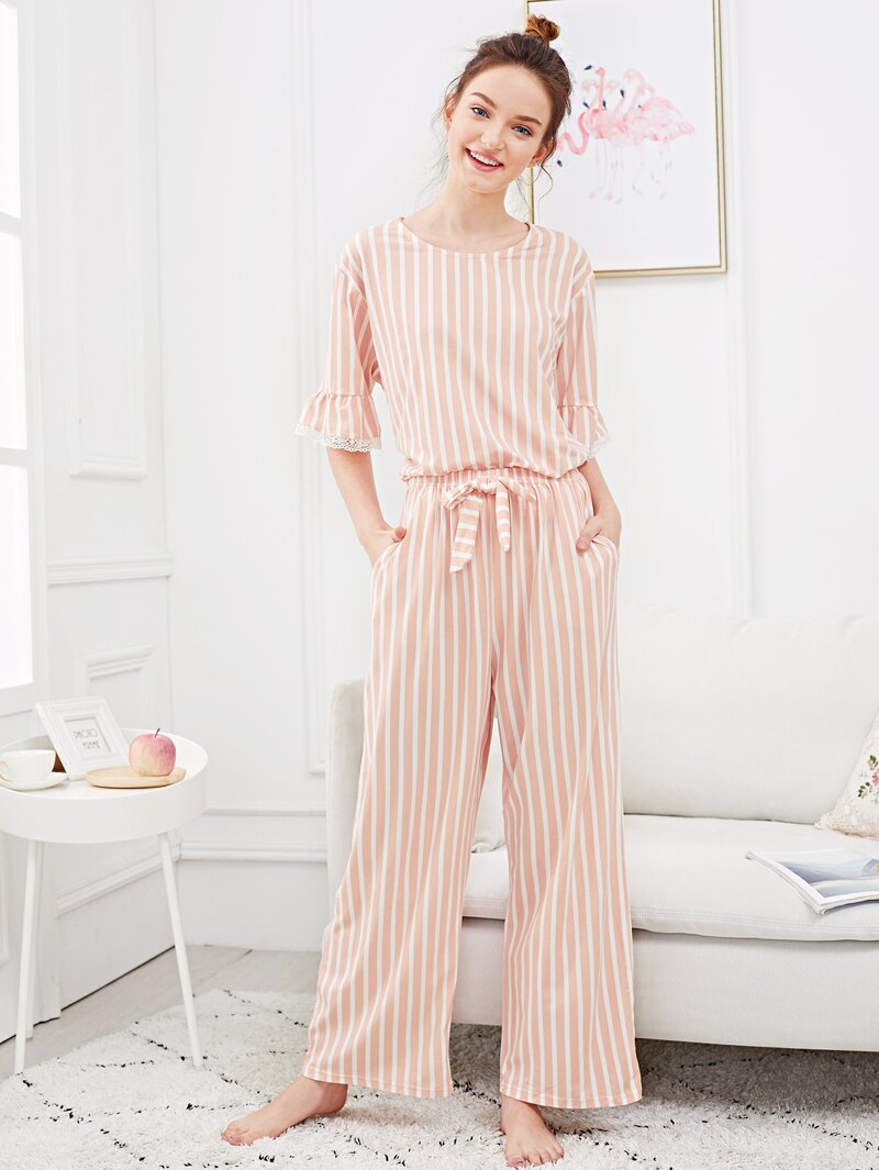 

Lace Trim Striped Pajama Set, Pink, Tory