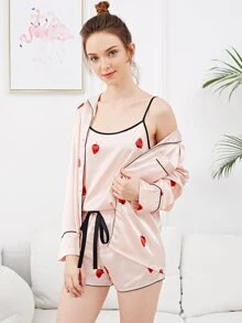 SHEIN 7pcs Strawberry Print Cami Pajama Set With Shirt - Baby Pink - View 3