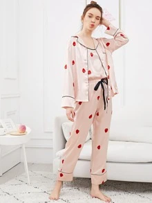 SHEIN 7pcs Strawberry Print Cami Pajama Set With Shirt - Baby Pink - View 4